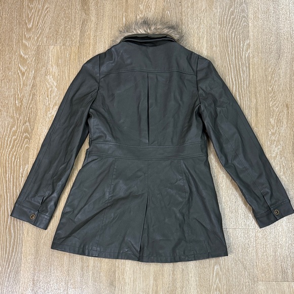 Anthropologie Maeve Kellie Olive Green Faux Leather Coat Removable Fur Collar - Picture 8 of 13